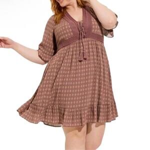 Torrid Boho Mini Washable Gauze Lace Up Tiered Dress Plus Size Large NWT